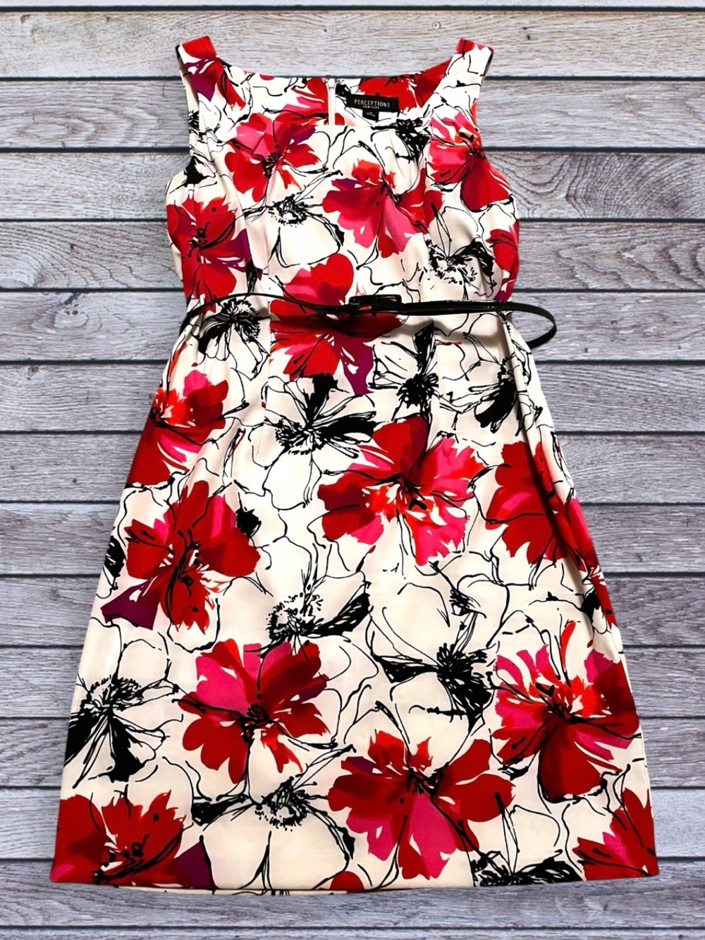 Perceptions Sleeveless Red & White Floral Dress with Black Belt 12
